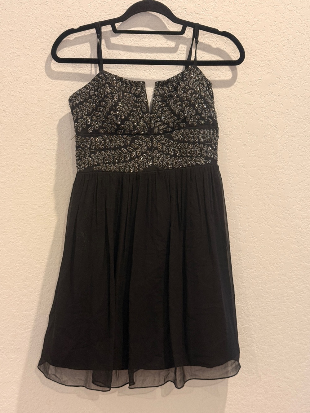 Adrianna Papell Silk Black Beaded Spaghetti-Strap Mini‎ Dress